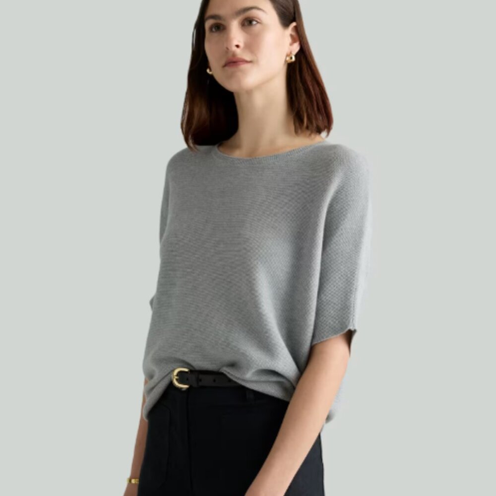 Quince Lightweight Cotton Cashmere Link-Stitch Dolman Sweater Sz L